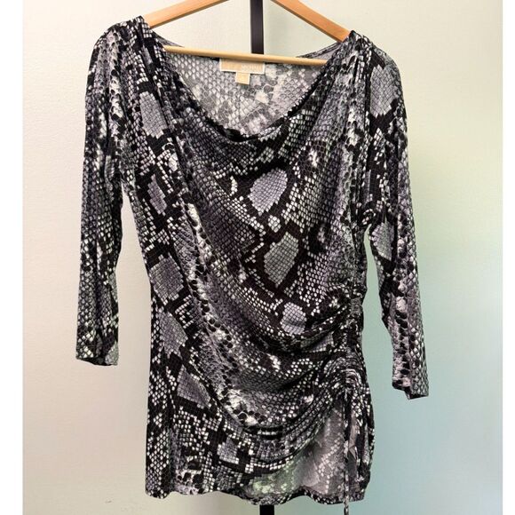 Micheal Kors Tops - Michael Kors Snake Print Ruched Side Tunic Top Medium Gray Black 3/4 Sleeve